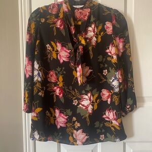 Reitmans Black Floral Blouse with Pink and Green Accents